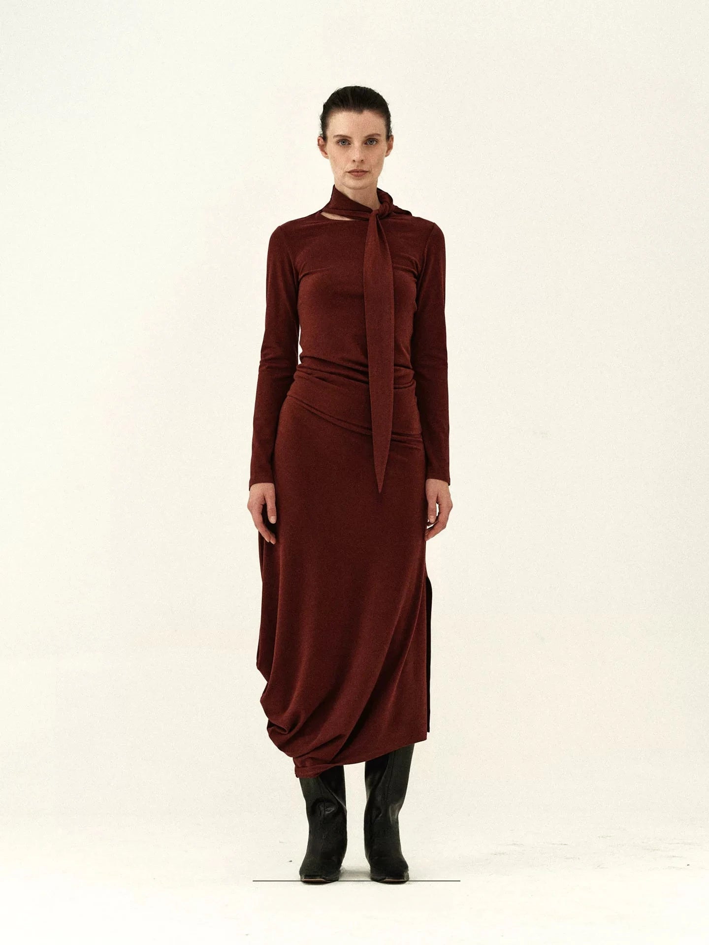 Ribbon-Neck Pleated Midi Dress