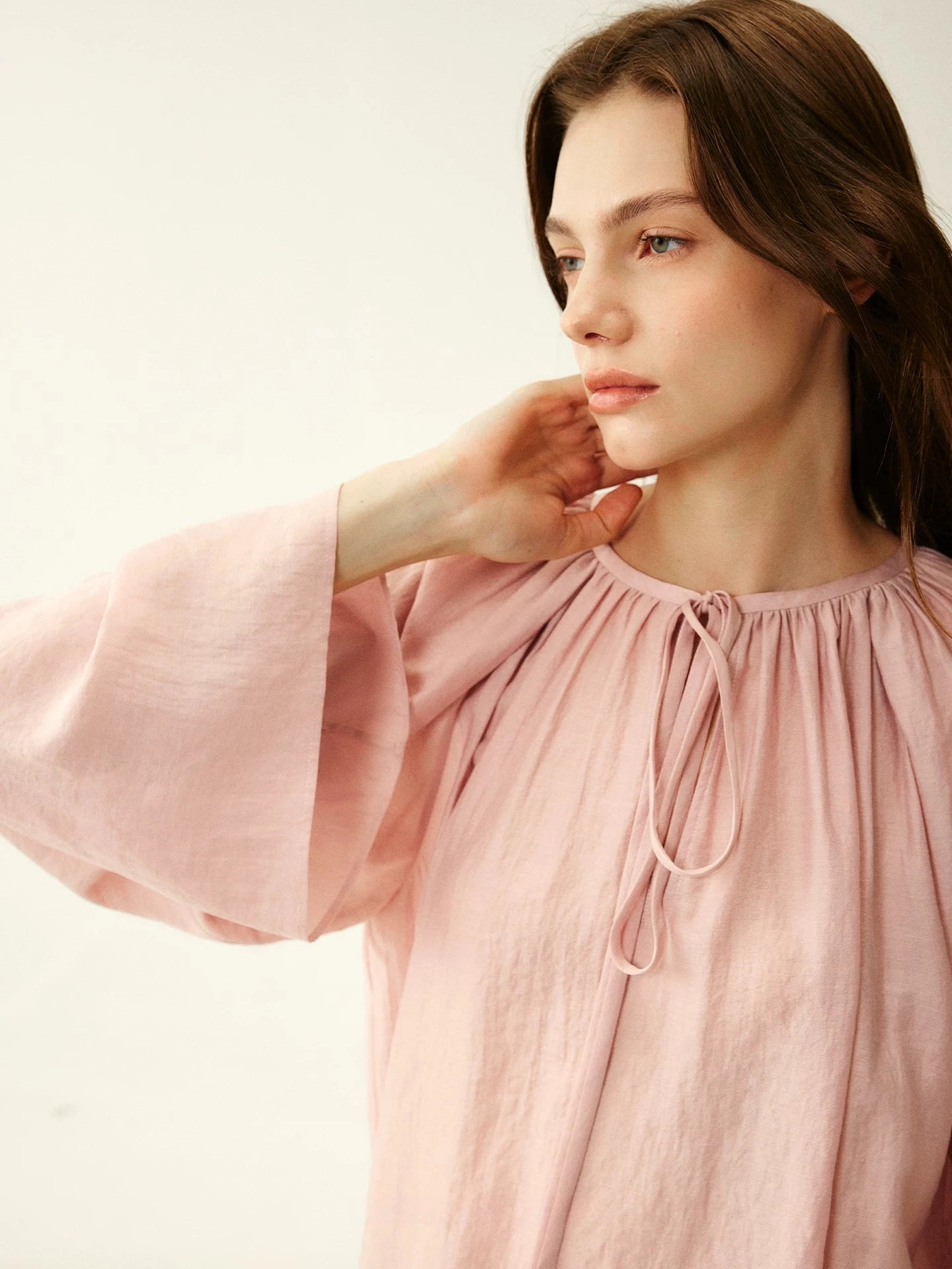 Smoky Pink Pleated Tie-Neck Blouse
