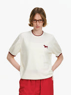 Puppy Embroidered Contrast Trim Knit Top