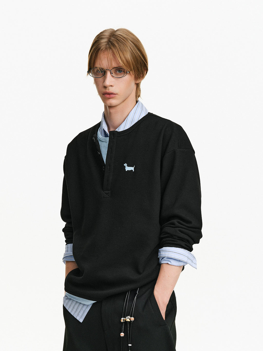 Embroidered Waffle Knit Henley