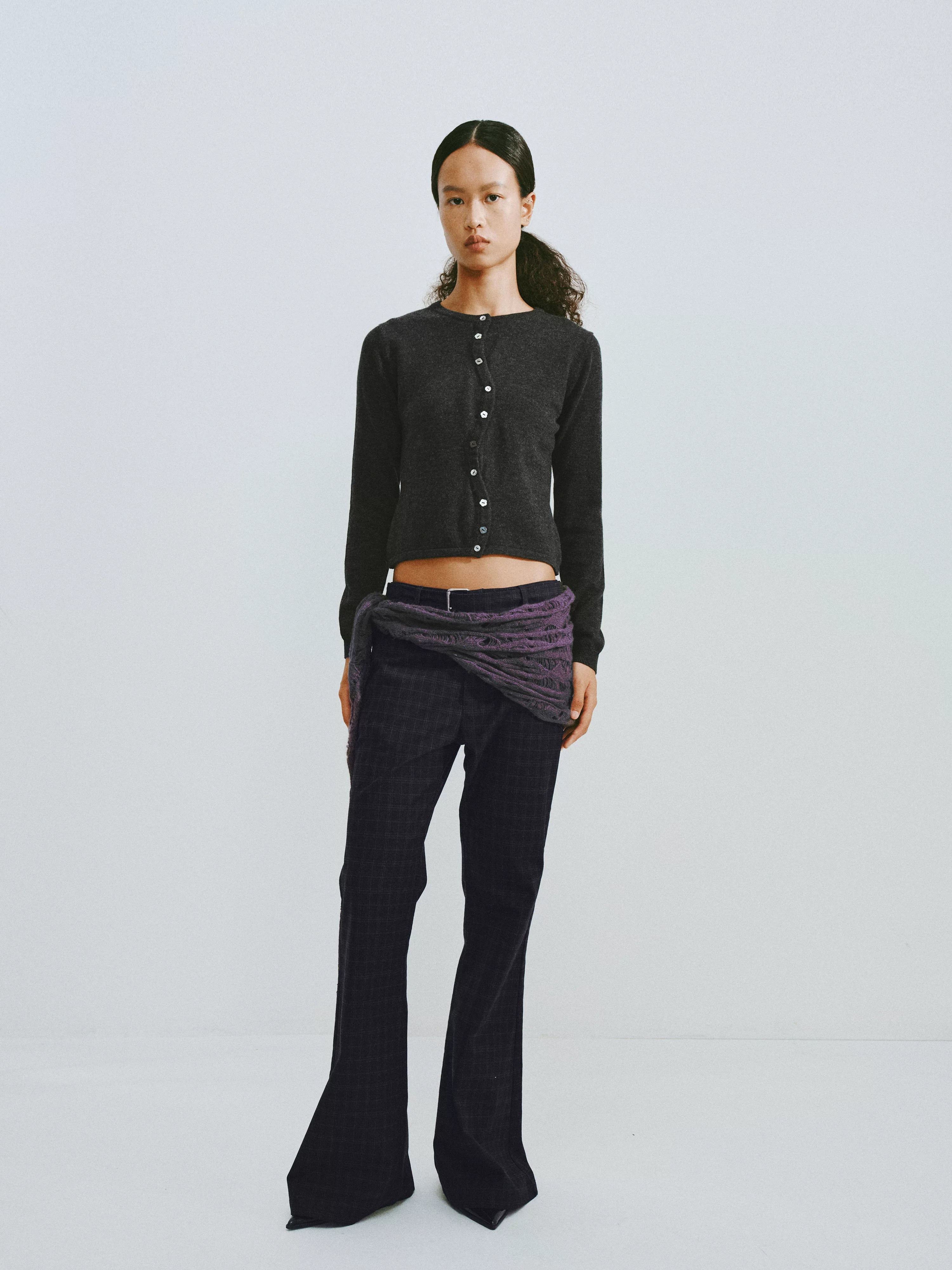 Plaid Flared Trousers With Draped Waist