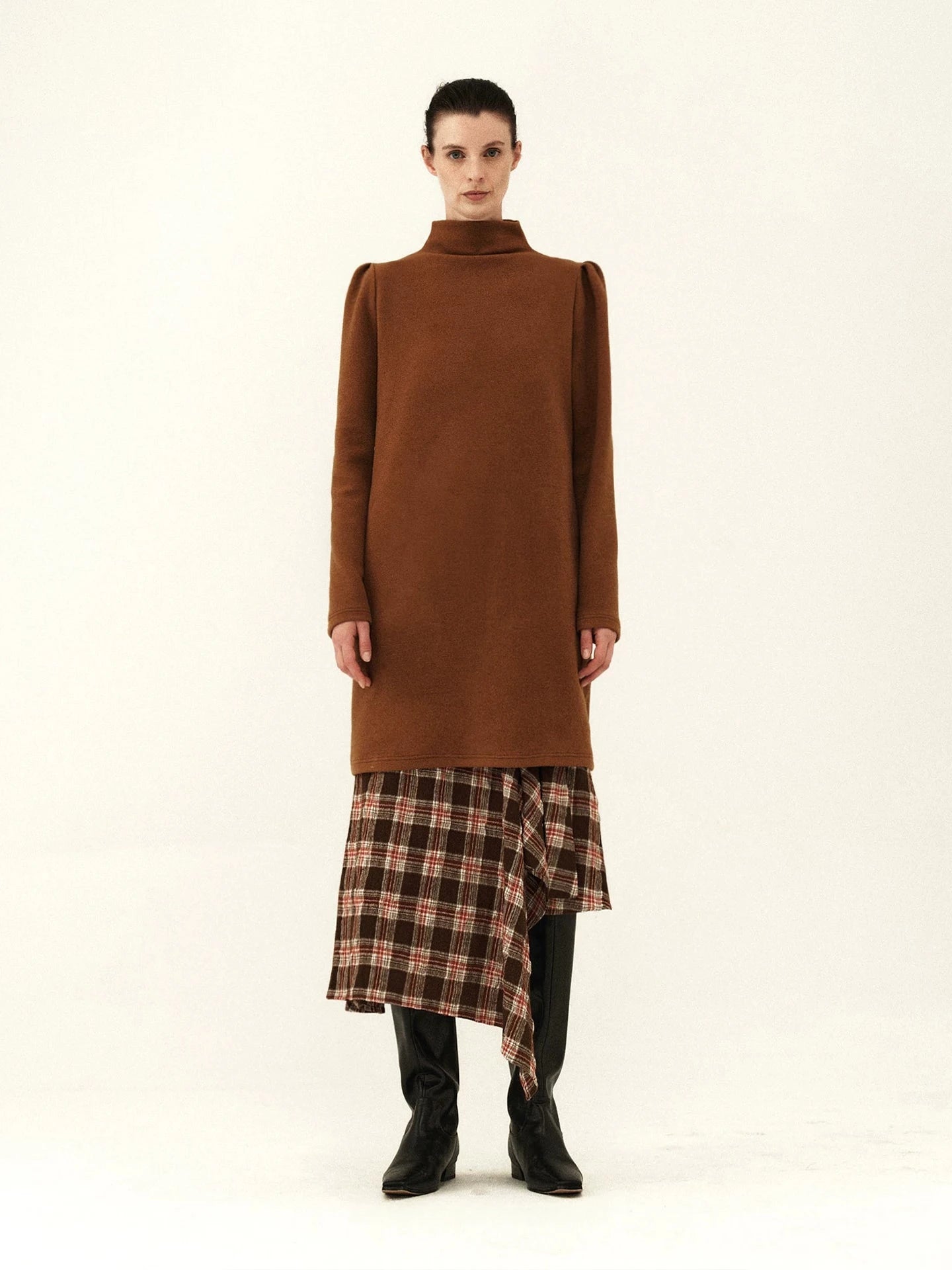 Plush High-Neck Puff-Sleeve Midi Dress