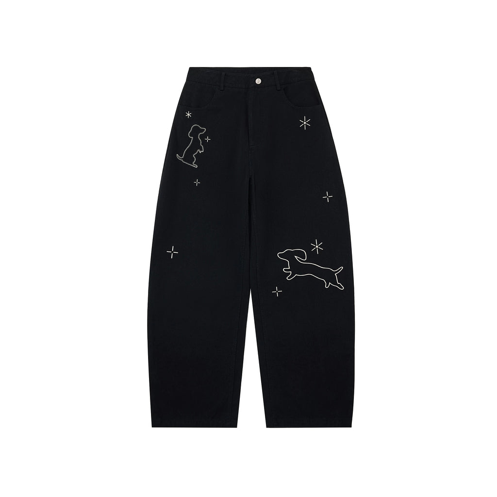 Embroidered Puppy Motif Wide-Leg Trousers