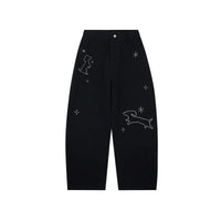 Embroidered Puppy Motif Wide-Leg Trousers