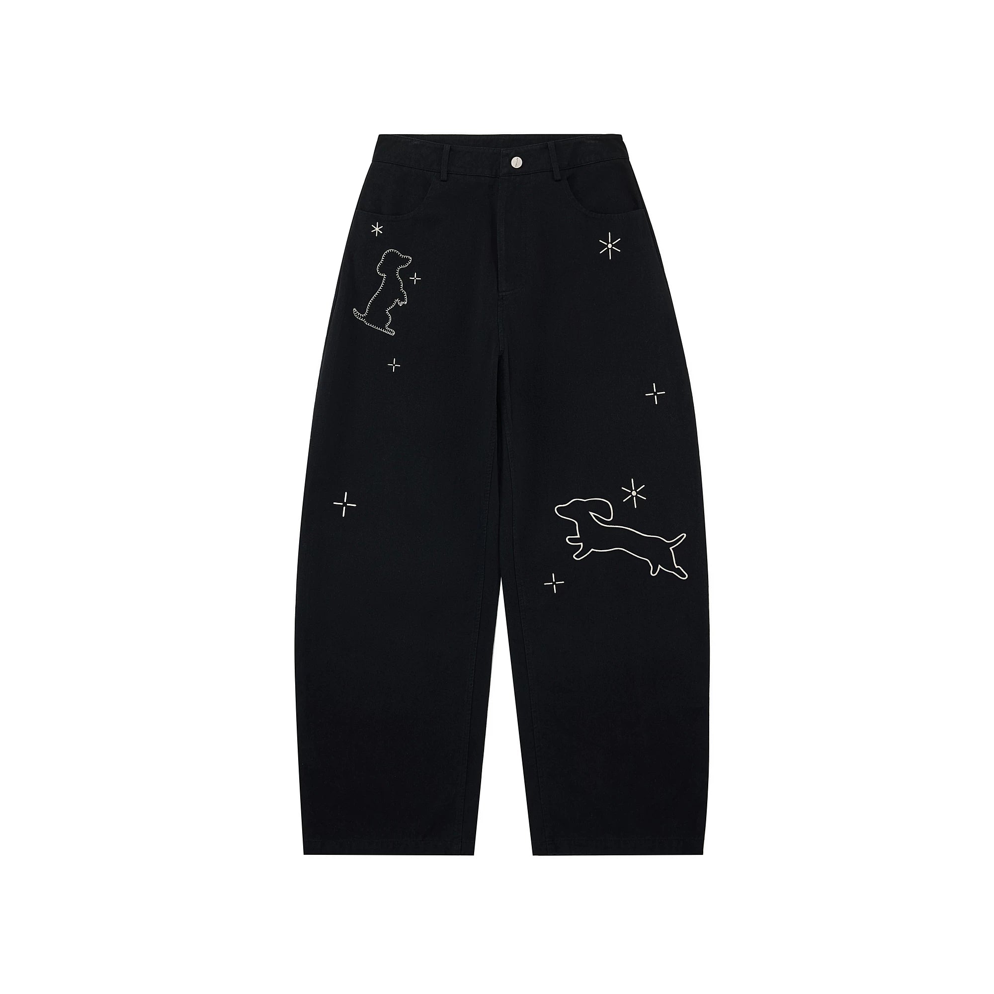 Embroidered Puppy Motif Wide-Leg Trousers