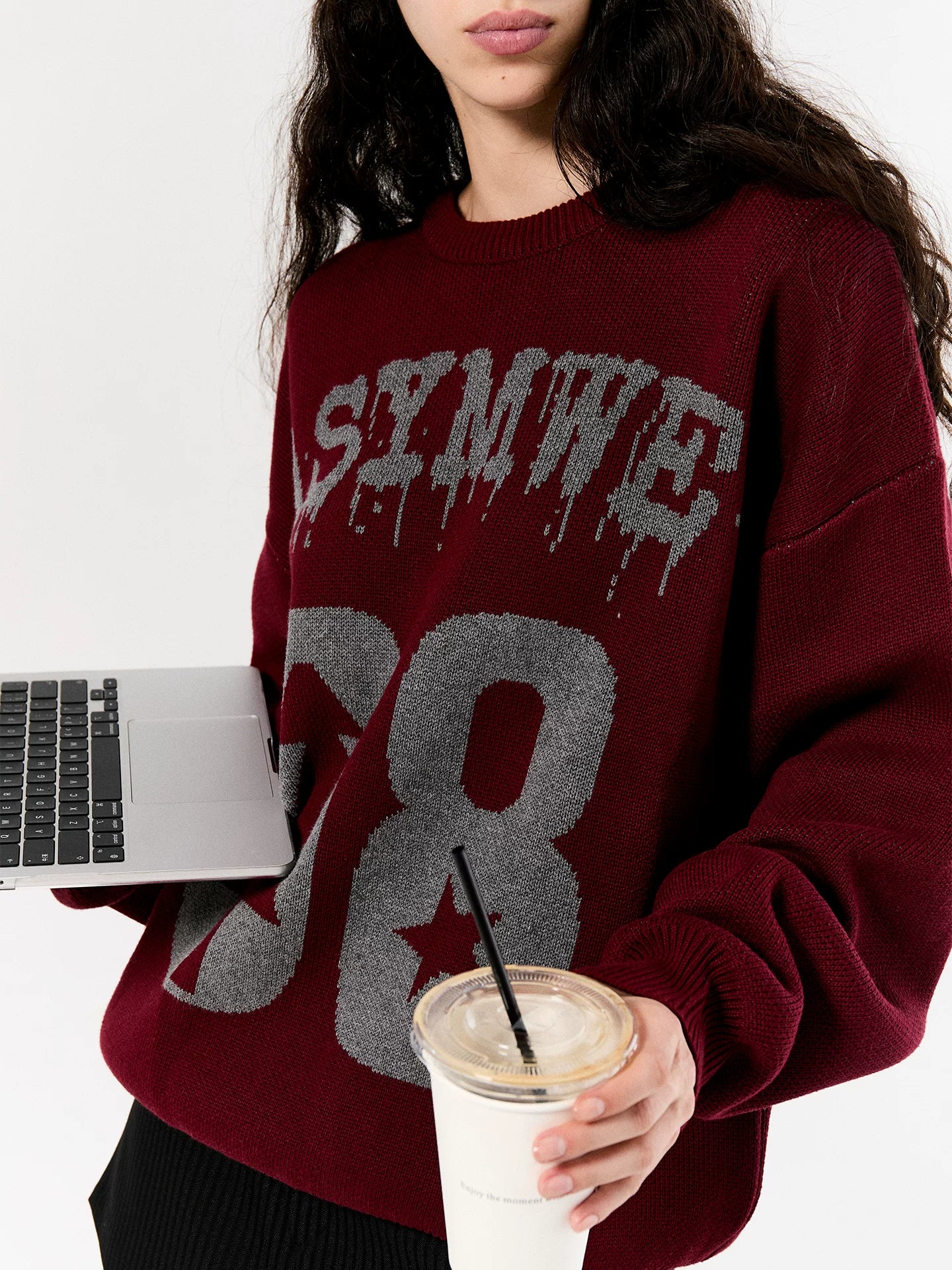 Asymwe Ankesela Red Christmas Jacquard Cotton Yarn Thick Short Wide Silhouette Loose Lazy Pure Cotton Round Neck Sweater