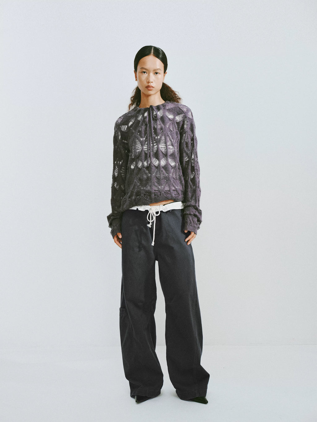 Distressed Diamond Knit Wool Pullover