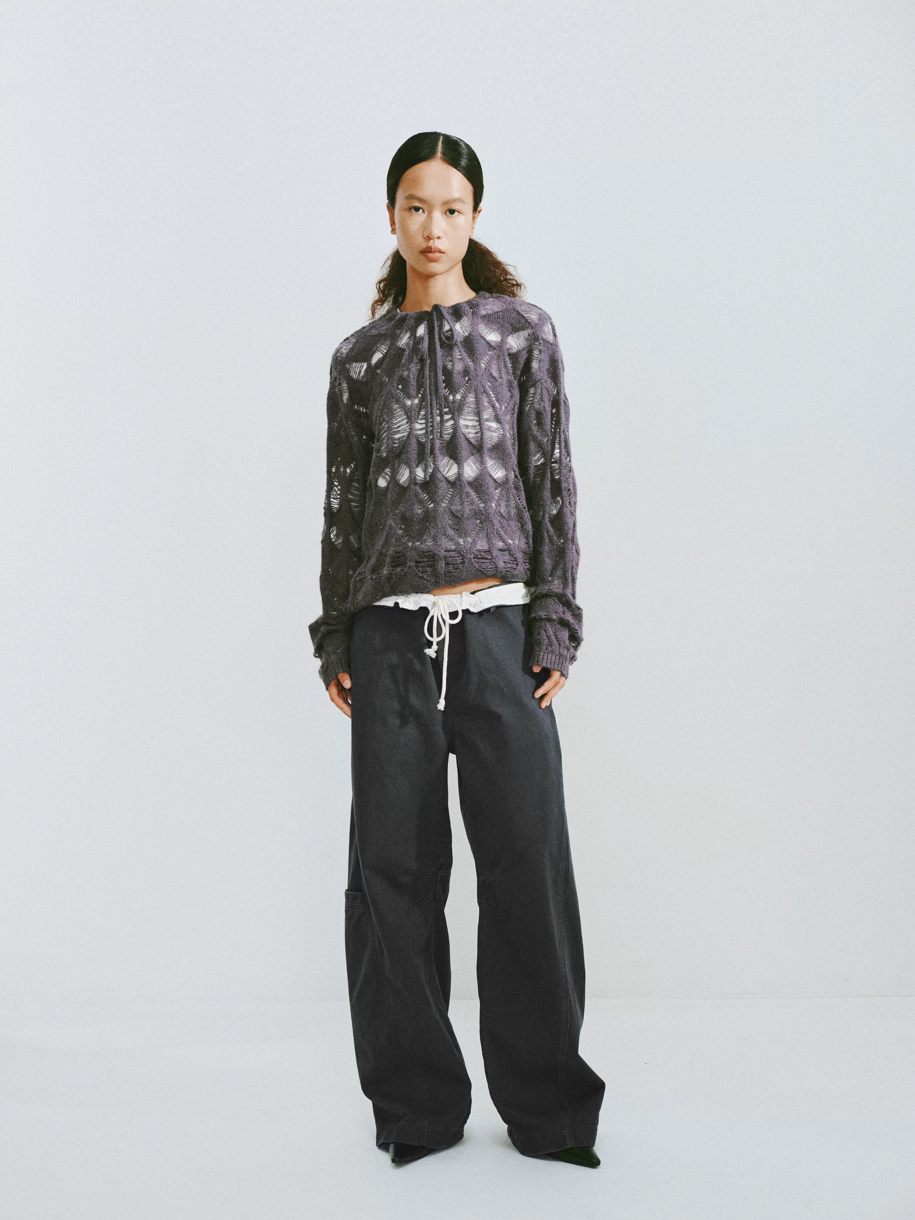 Distressed Diamond Knit Wool Pullover