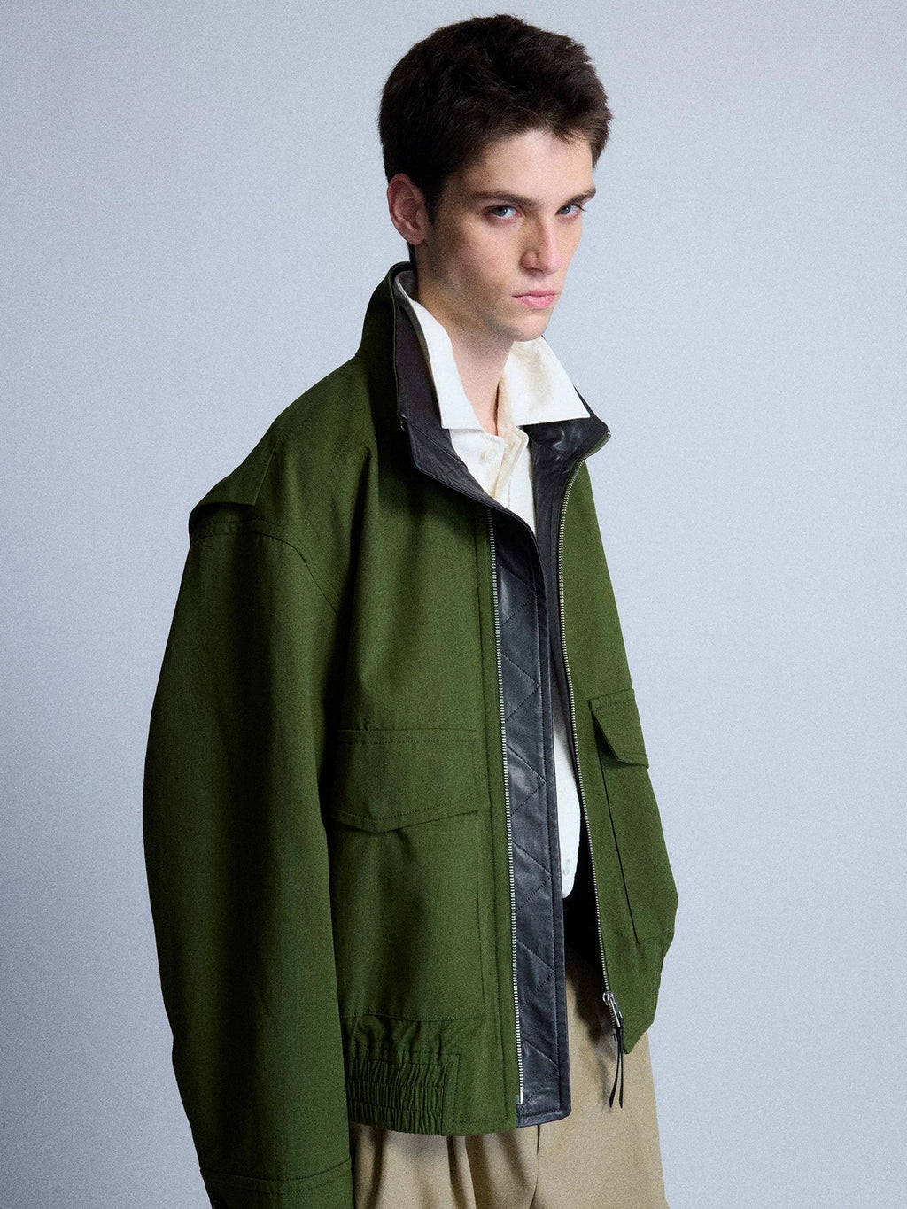 Leather-Trimmed Wool Blend Bomber Jacket