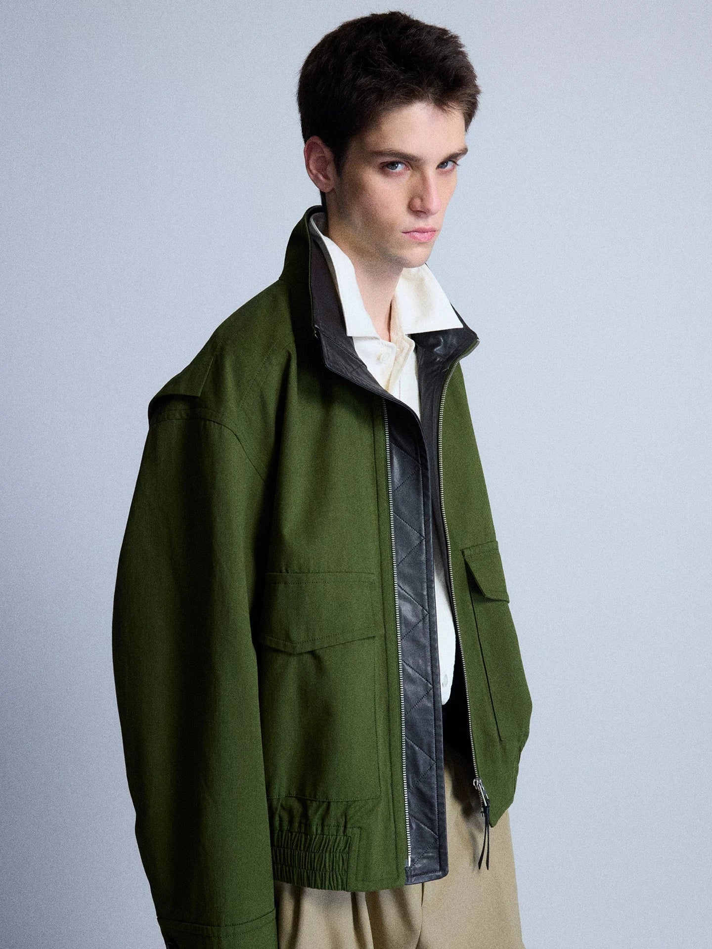 Leather-Trimmed Wool Blend Bomber Jacket