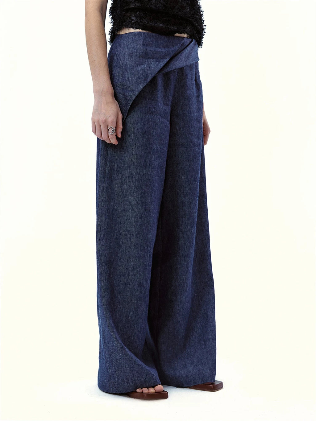 Asymmetrical Waistband Wide-Leg Denim Trousers