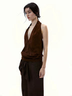 Sunset Brown Draped Asymmetrical Halter Top