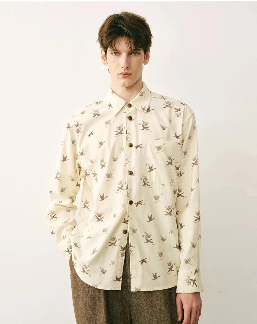 Cotton Bird Print Button-Down Shirt