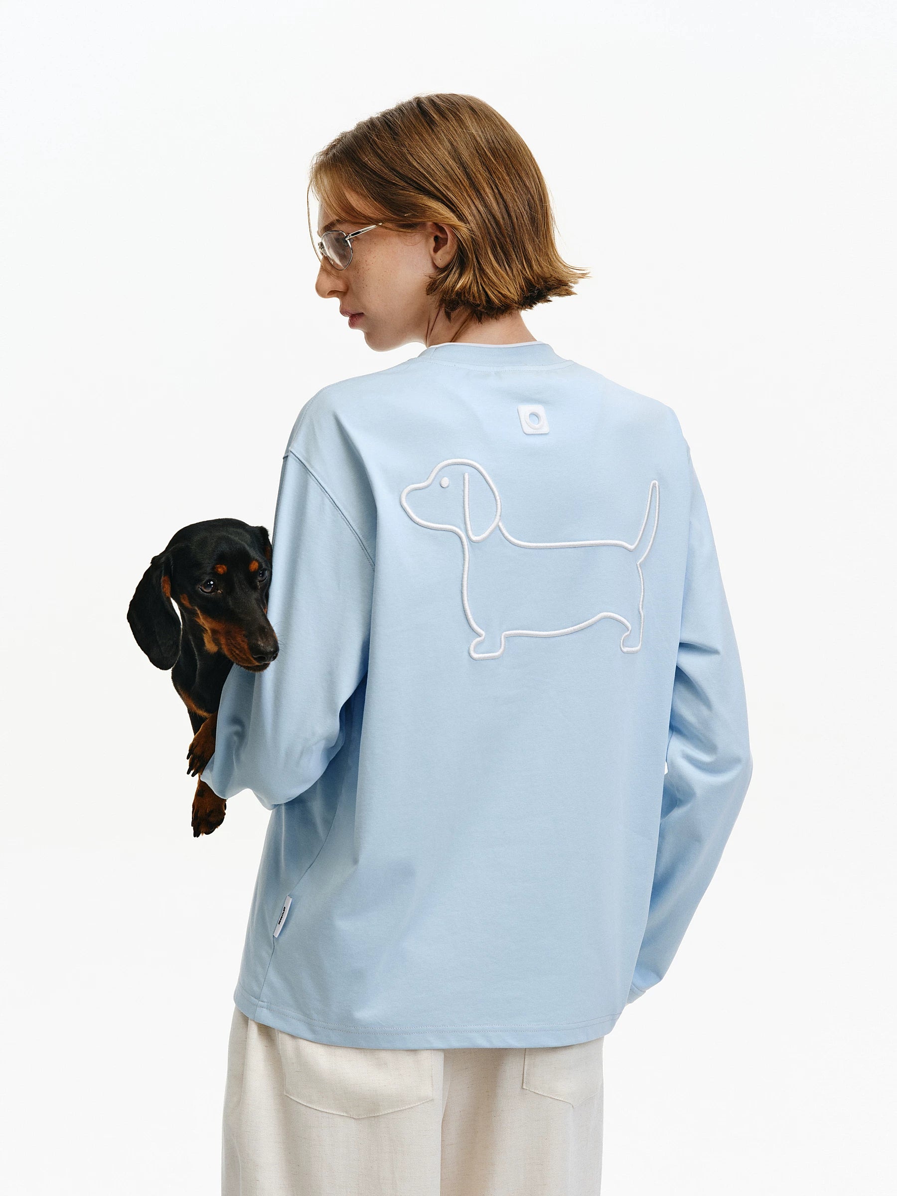 Embroidered Dachshund Graphic Long-Sleeve Tee