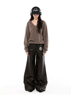 Faux Leather Wide-Leg Trousers