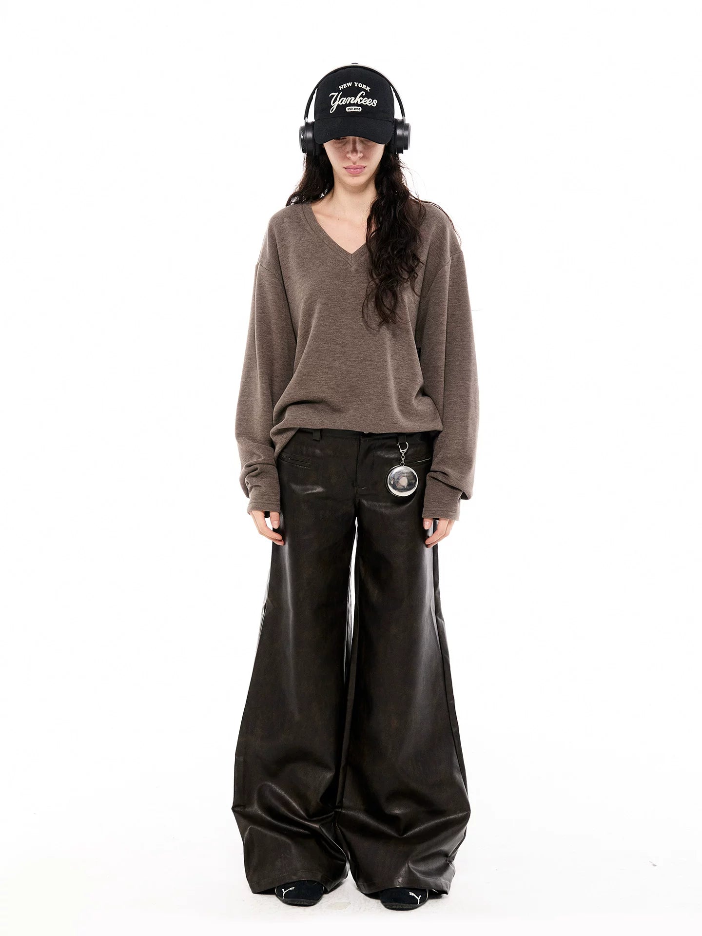 Faux Leather Wide-Leg Trousers