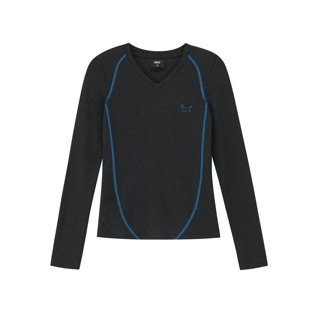 Contrast Stitch V-Neck Long Sleeve Top