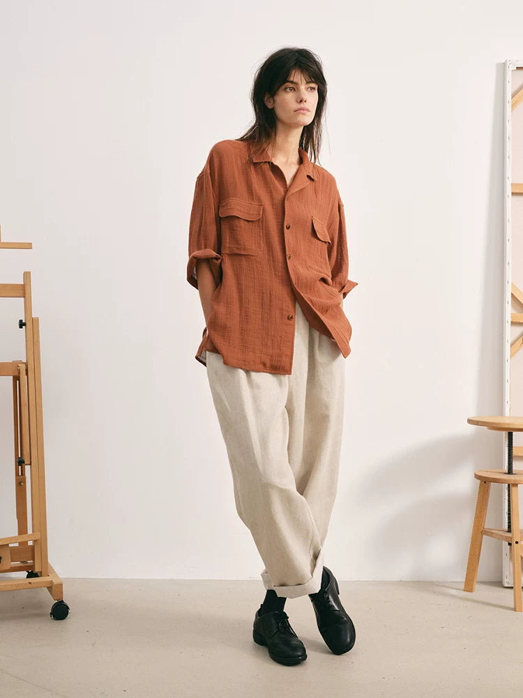 Cotton Ramie Cuban Collar Shirt