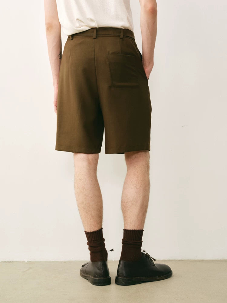 Olive Wool Blend Pleated Belted Shorts