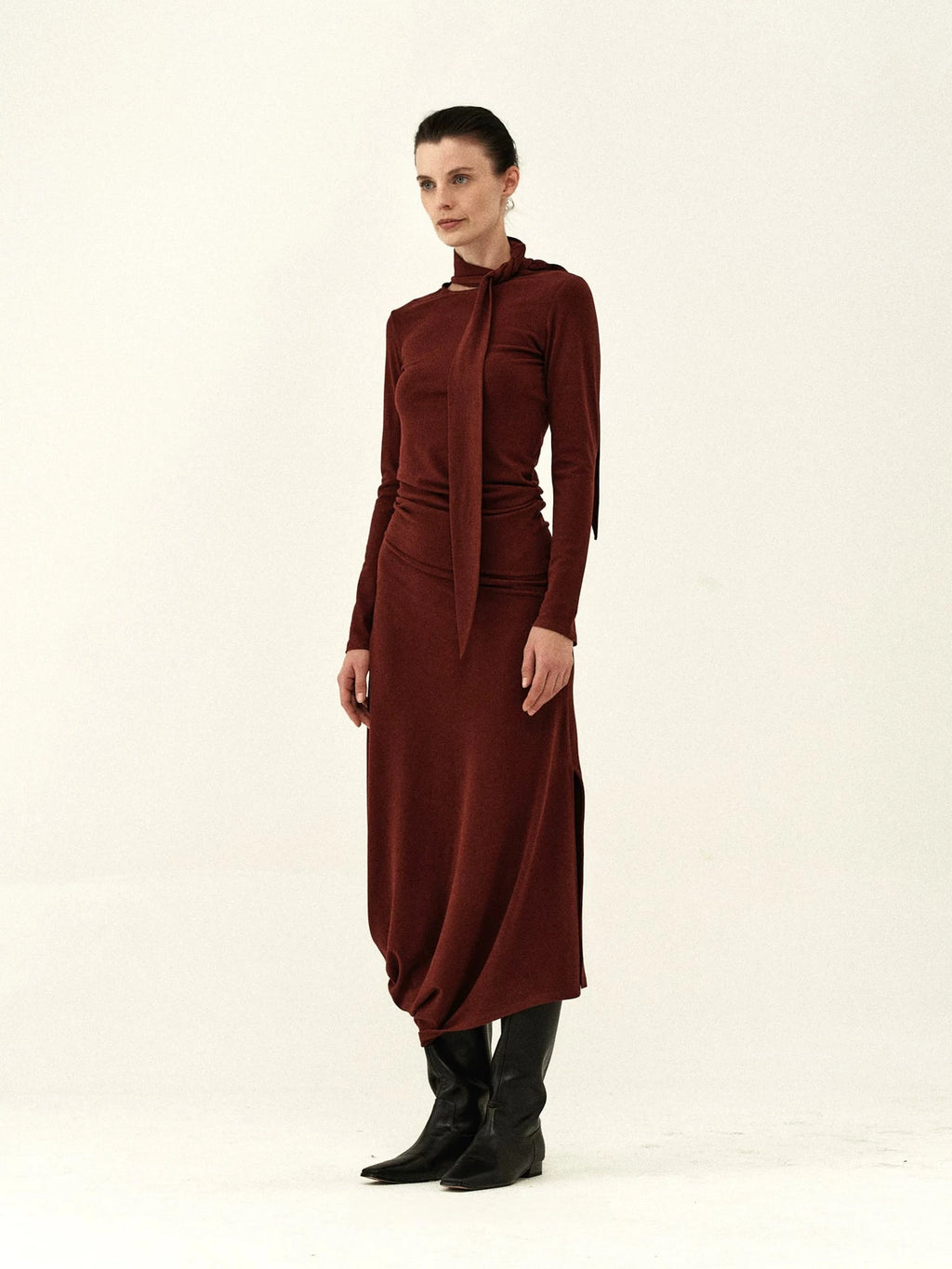 Ribbon-Neck Pleated Midi Dress