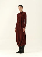 Ribbon-Neck Pleated Midi Dress