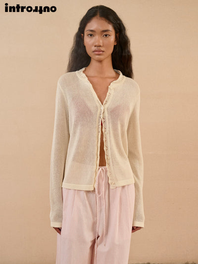 Japanese Paper Yarn Lace-Trim Cardigan