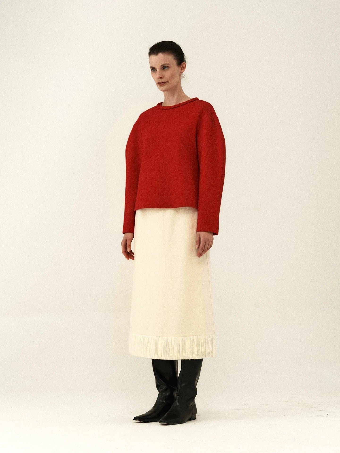 Fringed Hem Wool Midi Skirt