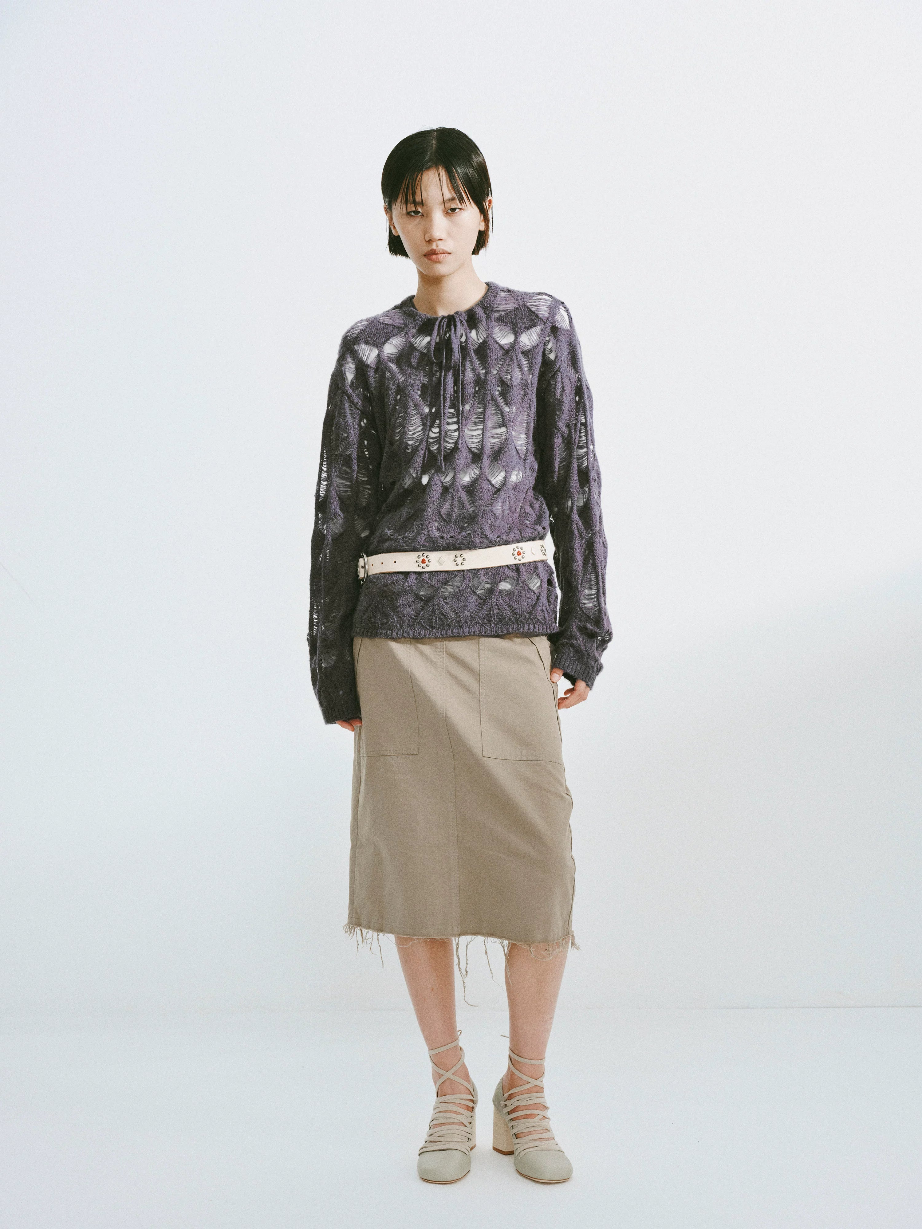 Distressed Diamond Knit Wool Pullover