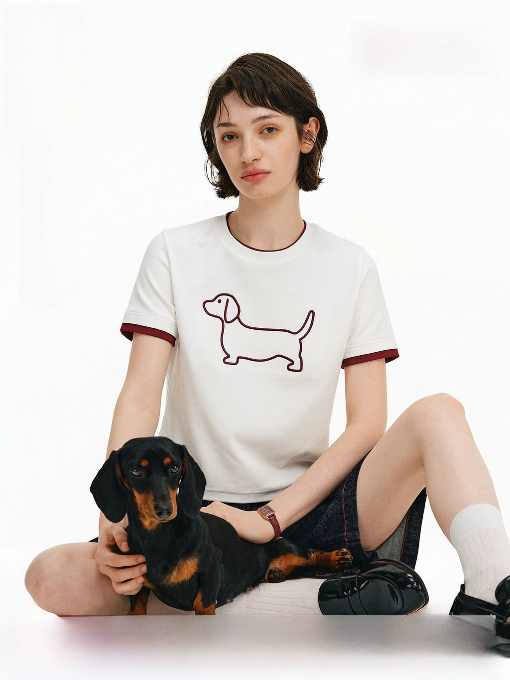 Embroidered Puppy Graphic Ringer T-Shirt