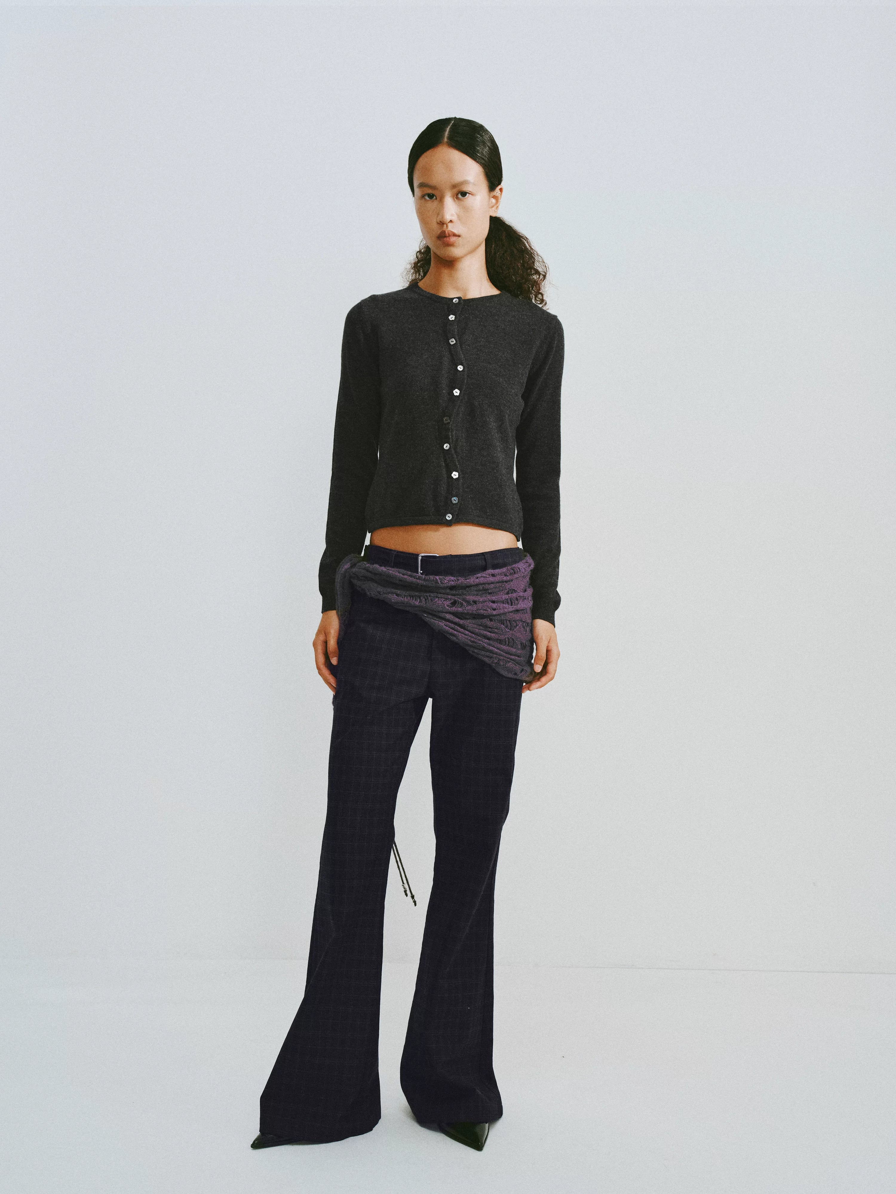 Plaid Flared Trousers With Draped Waist