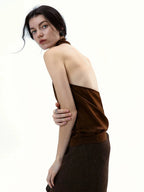 Sunset Brown Draped Asymmetrical Halter Top