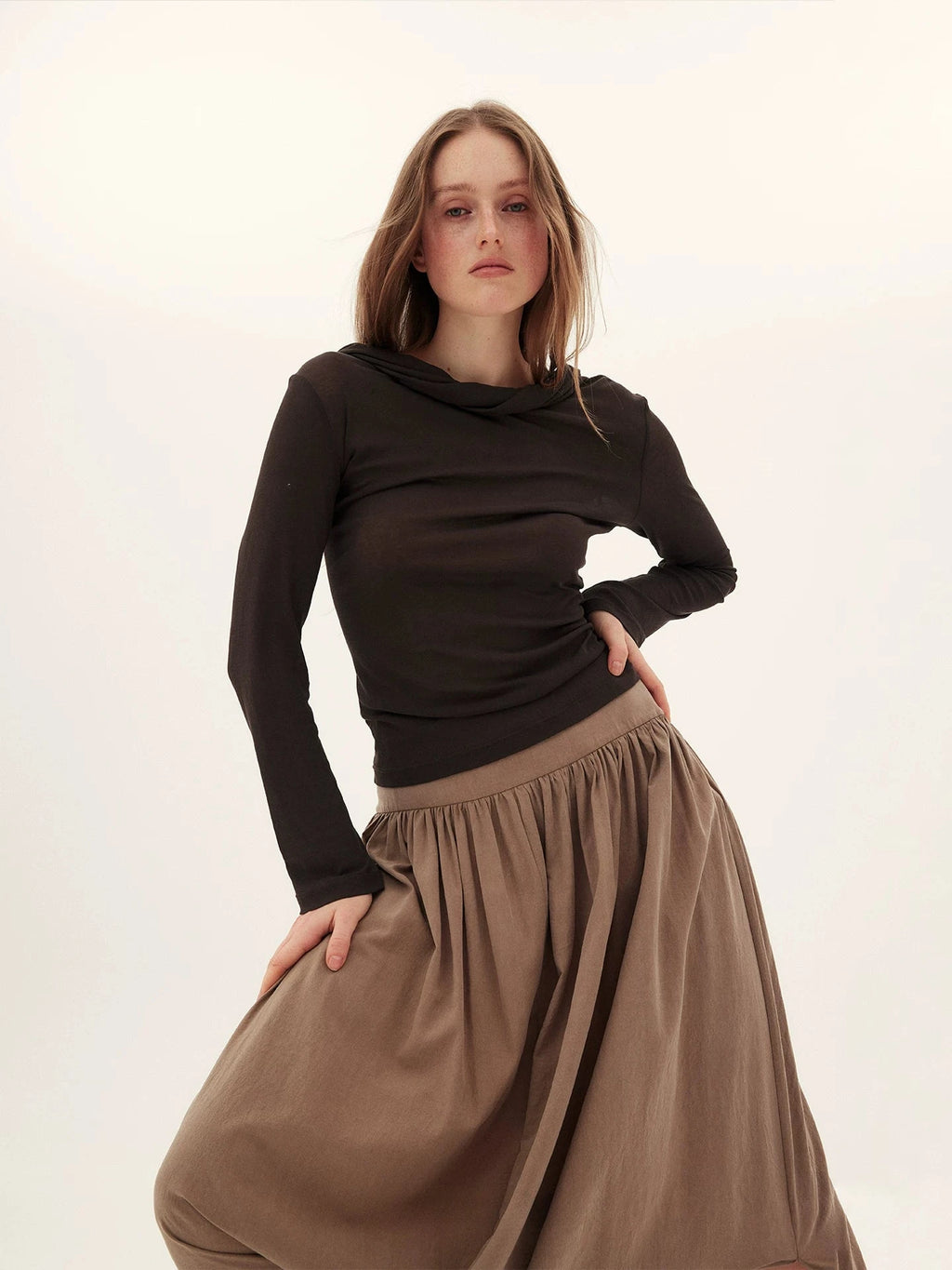 Draped Collar Long Sleeve Top