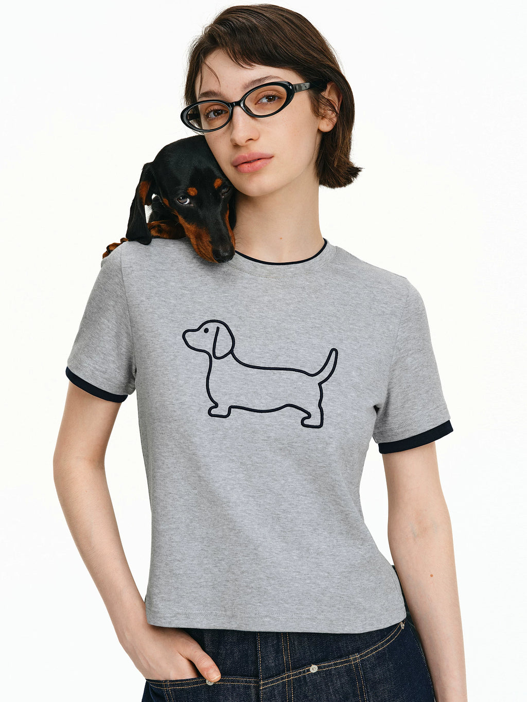 Embroidered Puppy Graphic Ringer T-Shirt