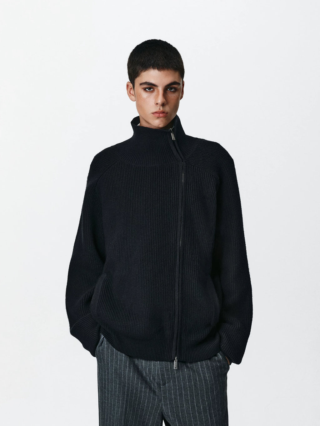 Asymmetric Zip Ribbed Knit Cardigan