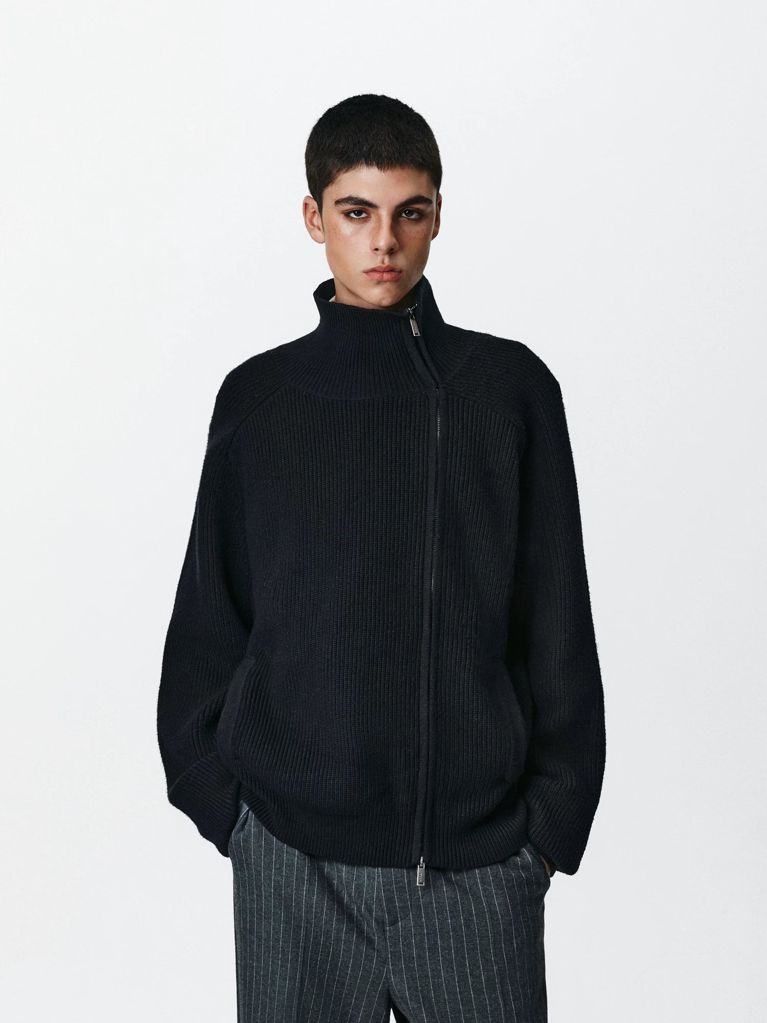 Asymmetric Zip Ribbed Knit Cardigan