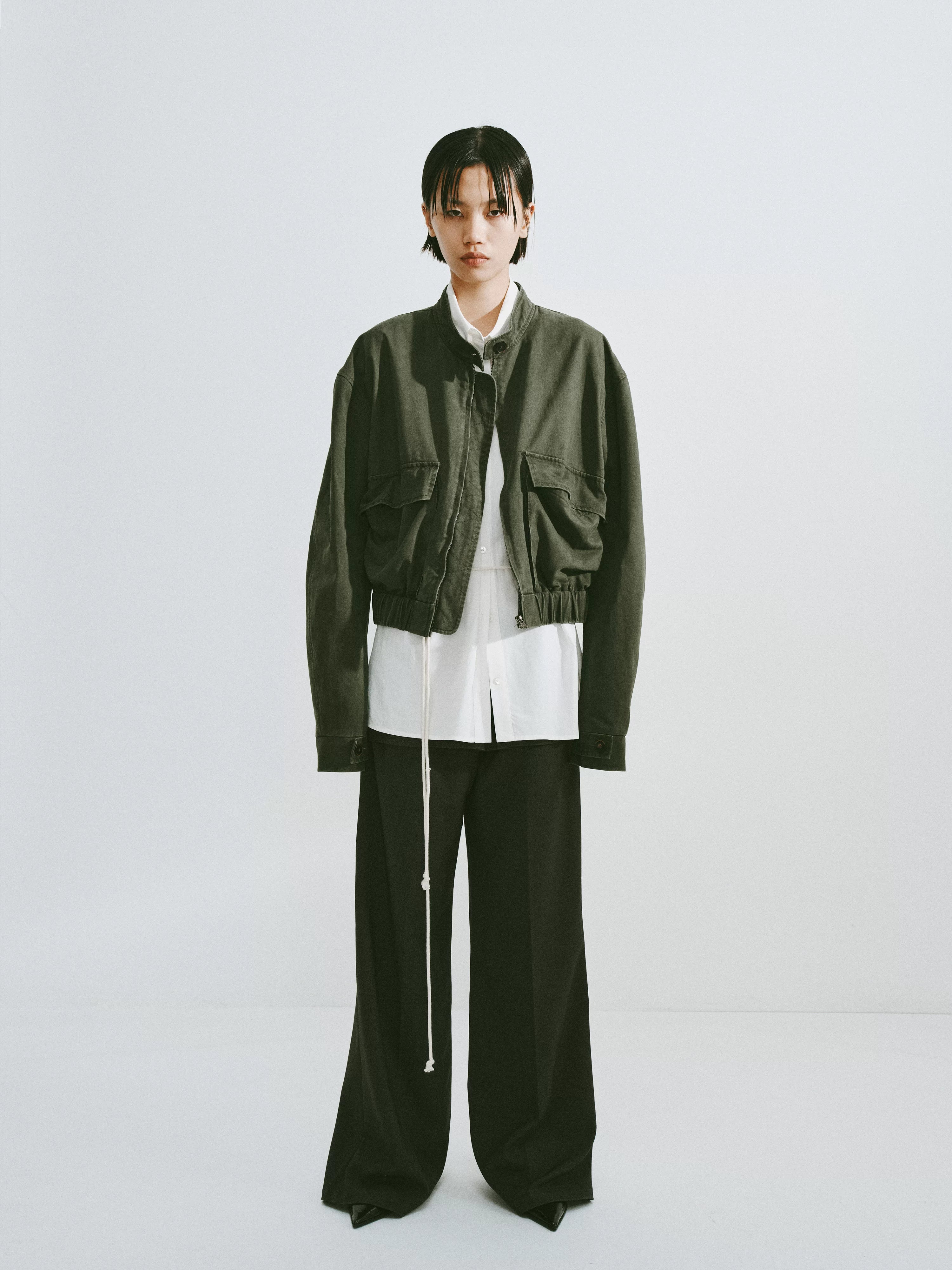 Washed Cotton Stand-Collar Bomber Jacket