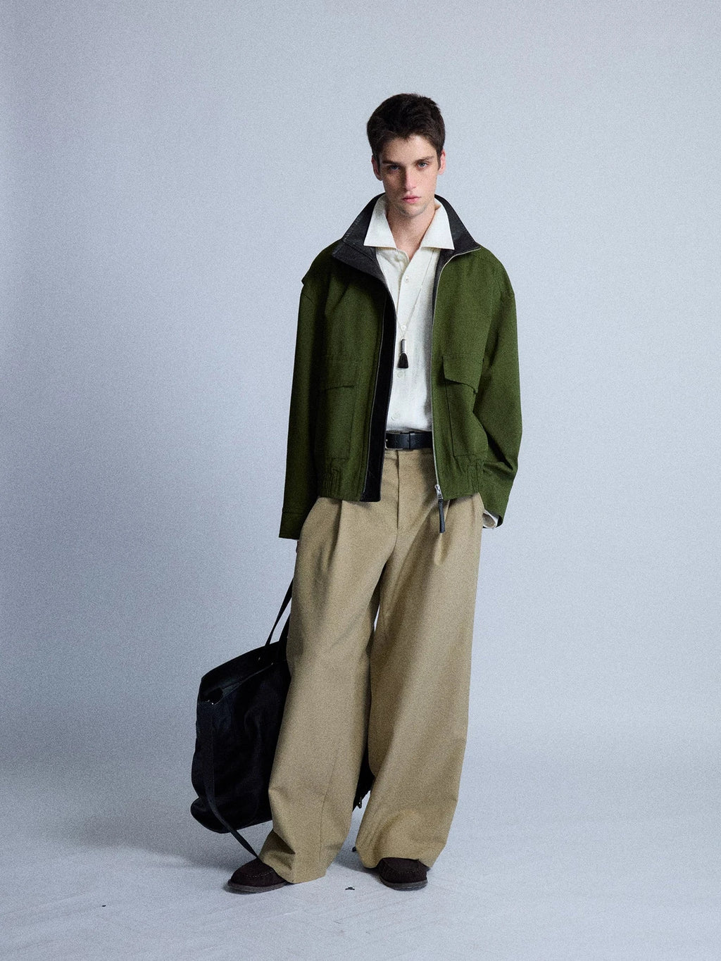 Leather-Trimmed Wool Blend Bomber Jacket