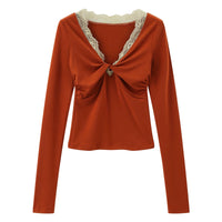Lace-Trimmed Twist-Front Long Sleeve Top