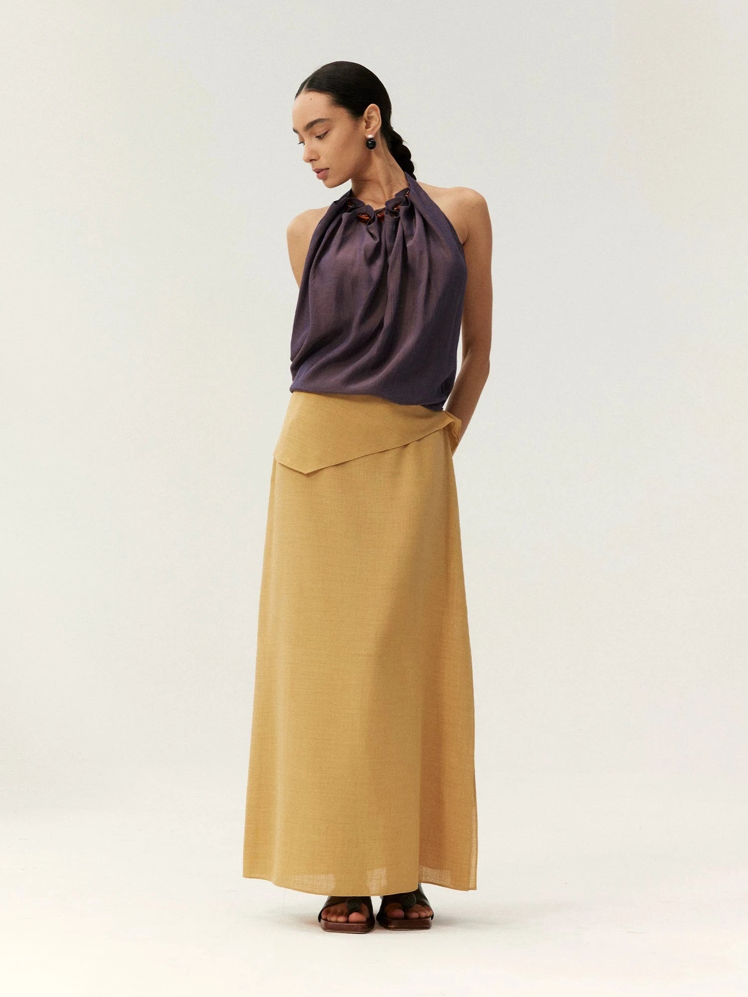 Linen Asymmetric Draped Midi Skirt