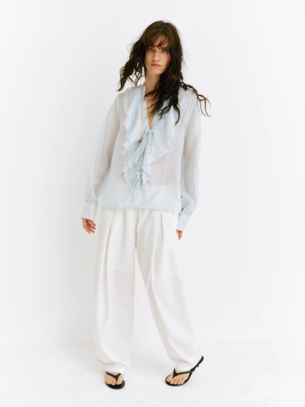 Ruffled V-Neck Striped Tencel Shirt