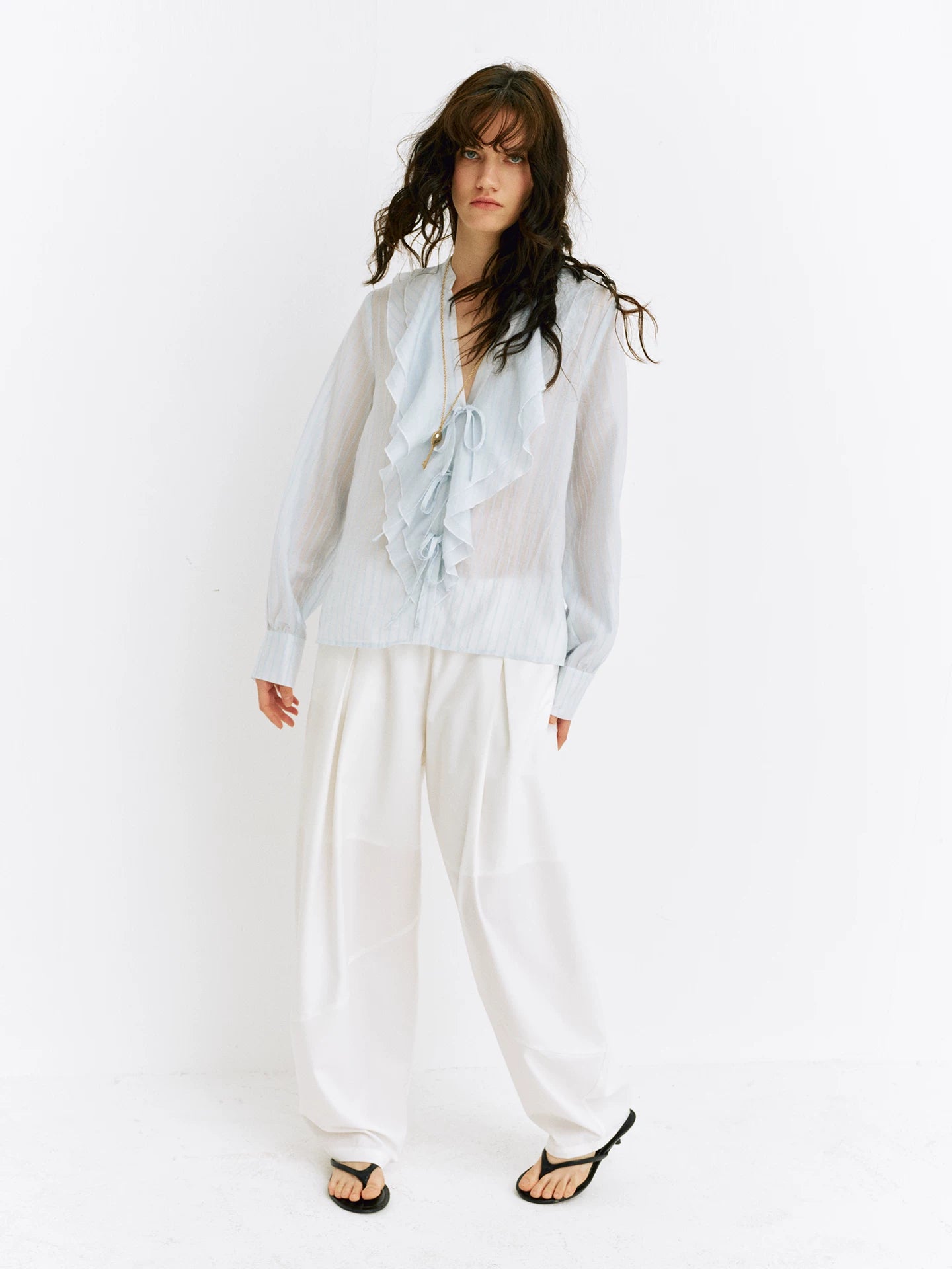 Ruffled V-Neck Striped Tencel Shirt