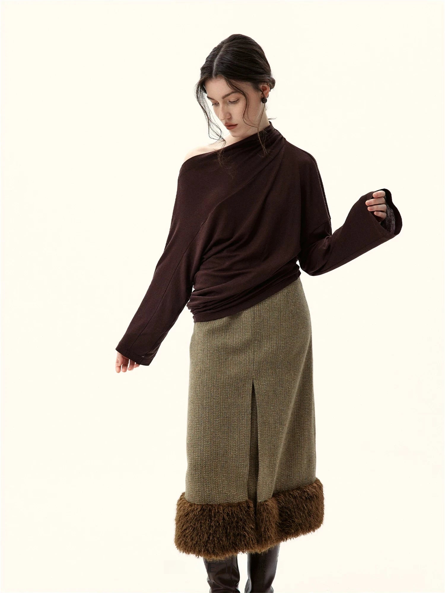 Earth Echo Asymmetric Pleated Knit Top