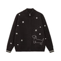 Embroidered Puppy Motif Zip-Up Cardigan