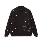 Embroidered Puppy Motif Zip-Up Cardigan