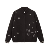 Embroidered Puppy Motif Zip-Up Cardigan