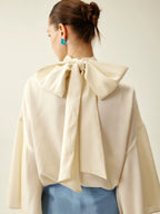 Silk Satin Tie-Neck Bell-Sleeve Blouse