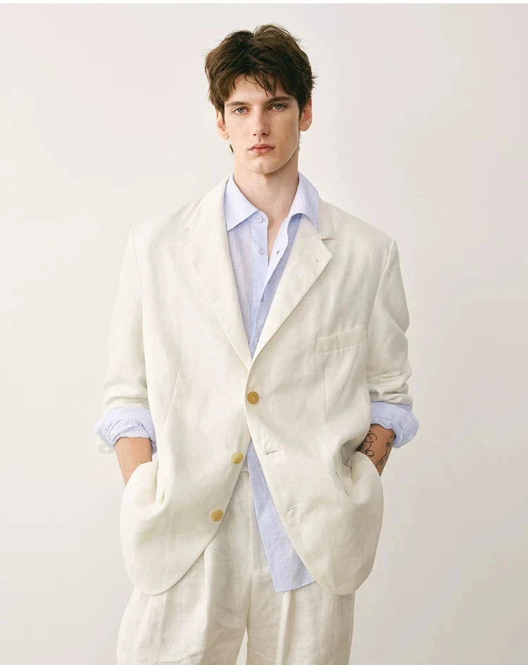 Linen Three-Button Tailored Blazer