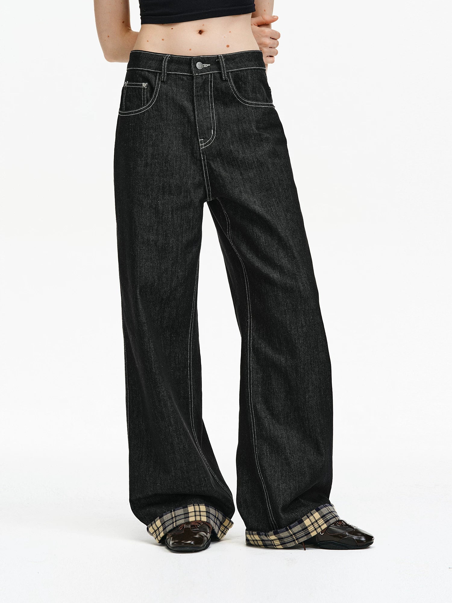 Contrast Stitch Plaid Cuff Wide-Leg Jeans