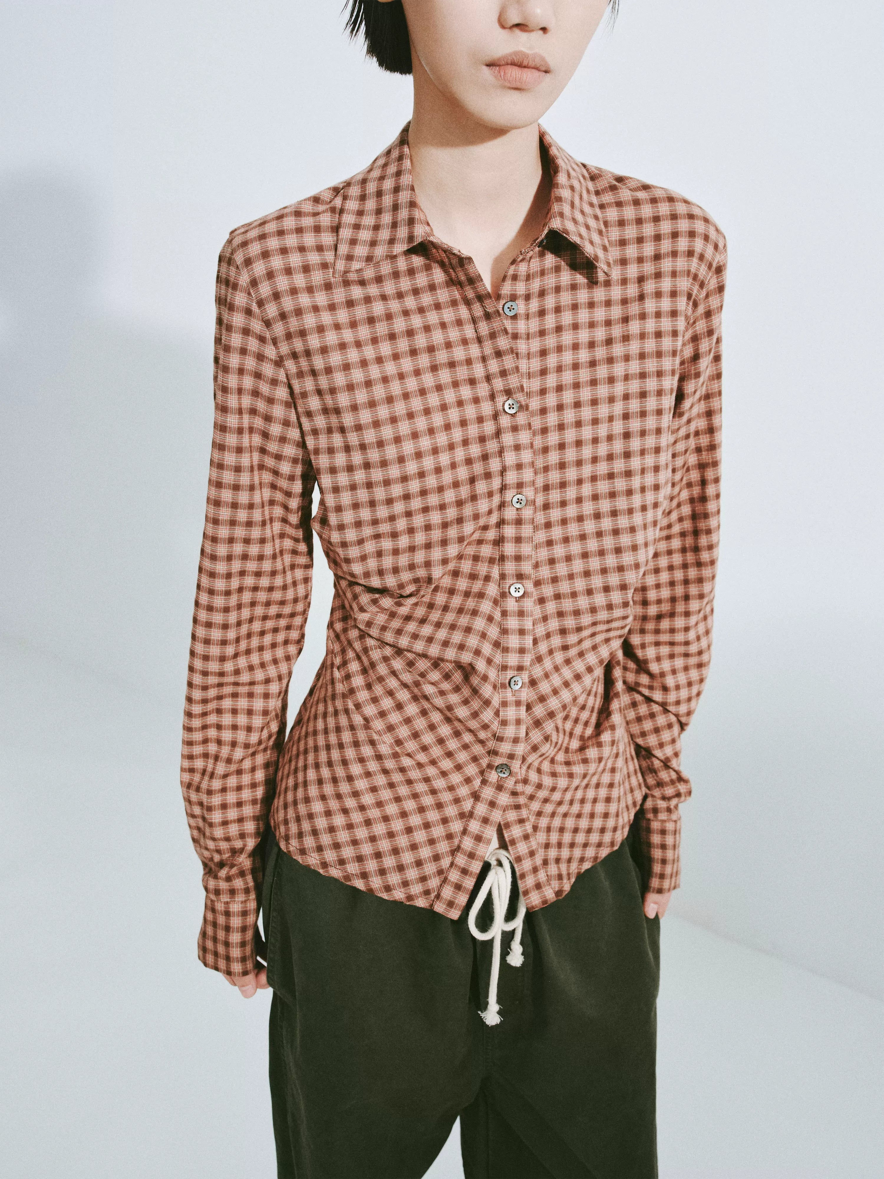 Pleated Plaid Cotton Button-Down Shirt