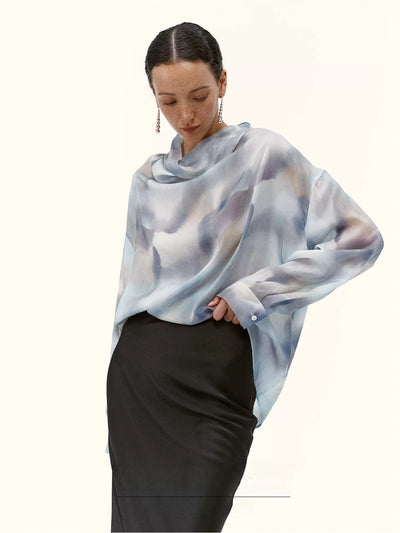 Abstract Print Silk Drape Blouse